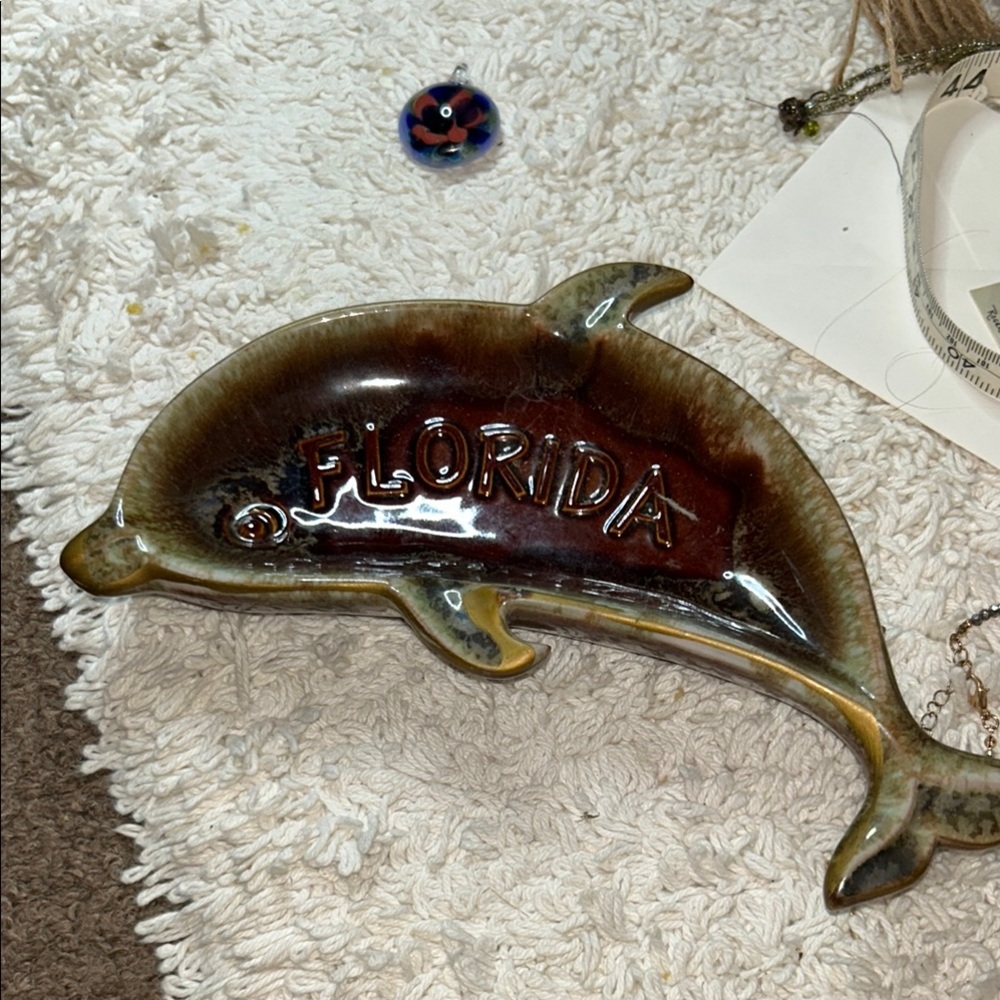MCM Vintage Brown Dolphin Shaped Florida Souvenir Ash tray  Dish
